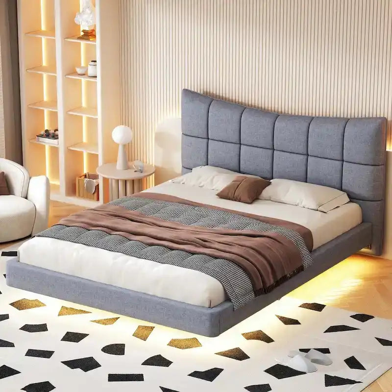 Letto a piattaforma imbottito matrimoniale con luci LED e porte USB