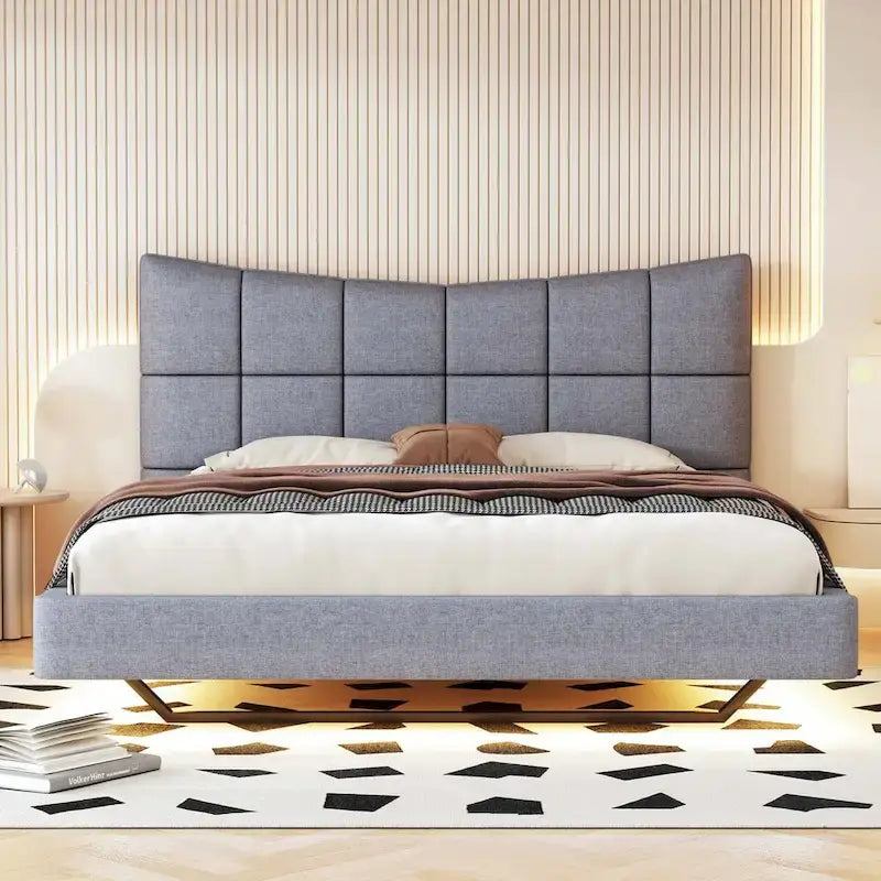 Letto a piattaforma imbottito matrimoniale con luci LED e porte USB