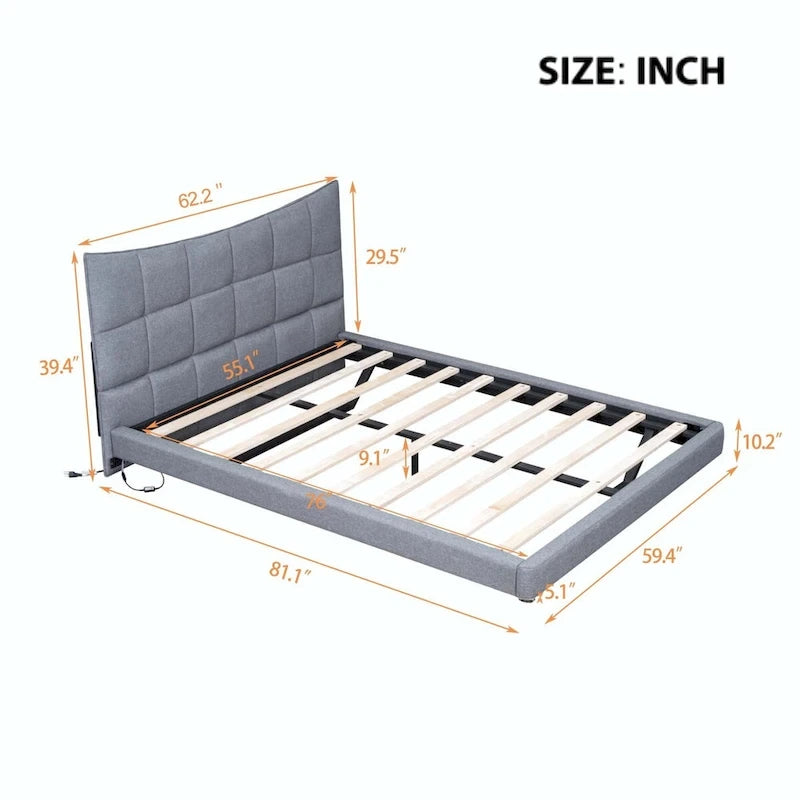 Letto a piattaforma imbottito matrimoniale con luci LED e porte USB