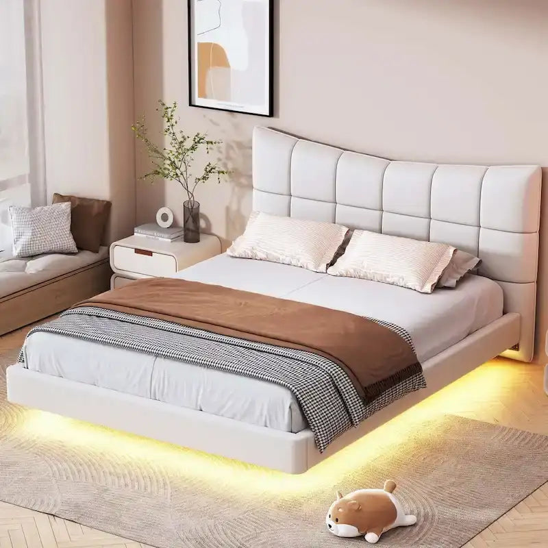 Letto a piattaforma imbottito matrimoniale con luci LED e porte USB