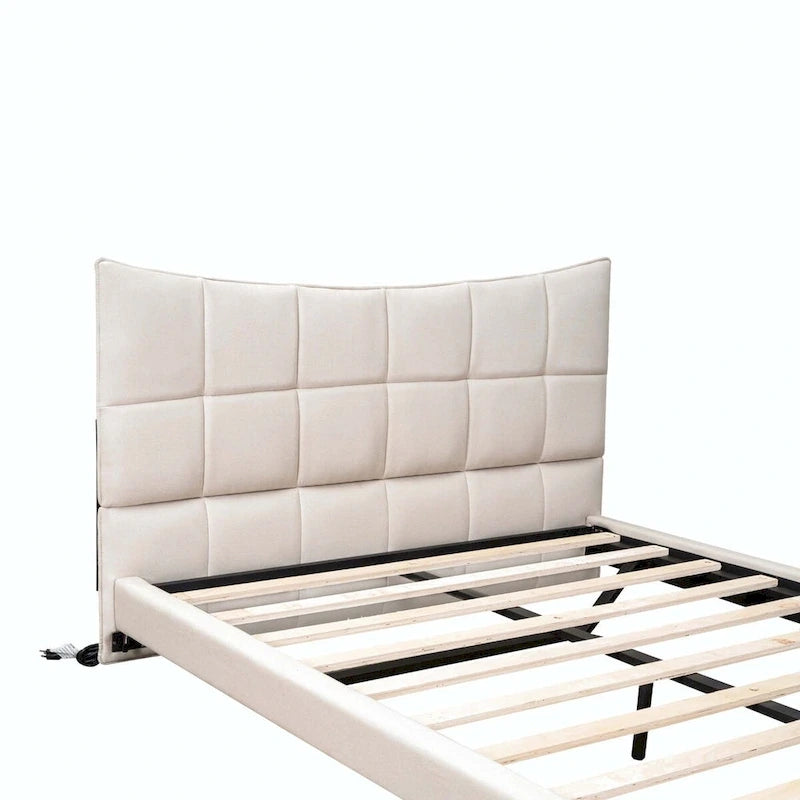 Letto a piattaforma imbottito matrimoniale con luci LED e porte USB