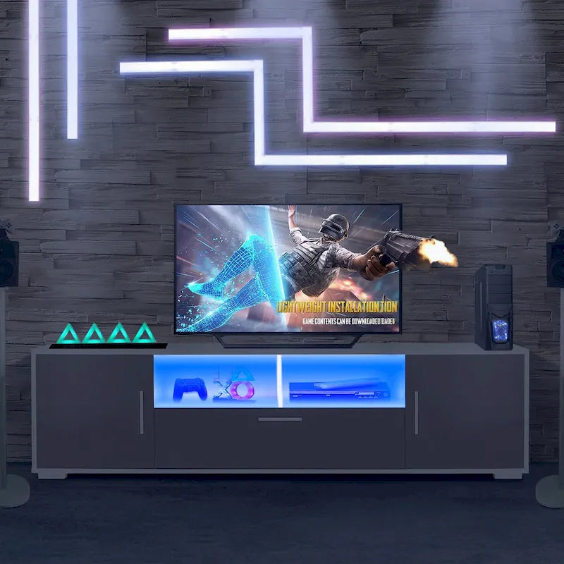 Mobile TV, porta TV, centro di intrattenimento, postazione TV, console TV, console con striscia luminosa a LED, striscia luminosa telecomandabile