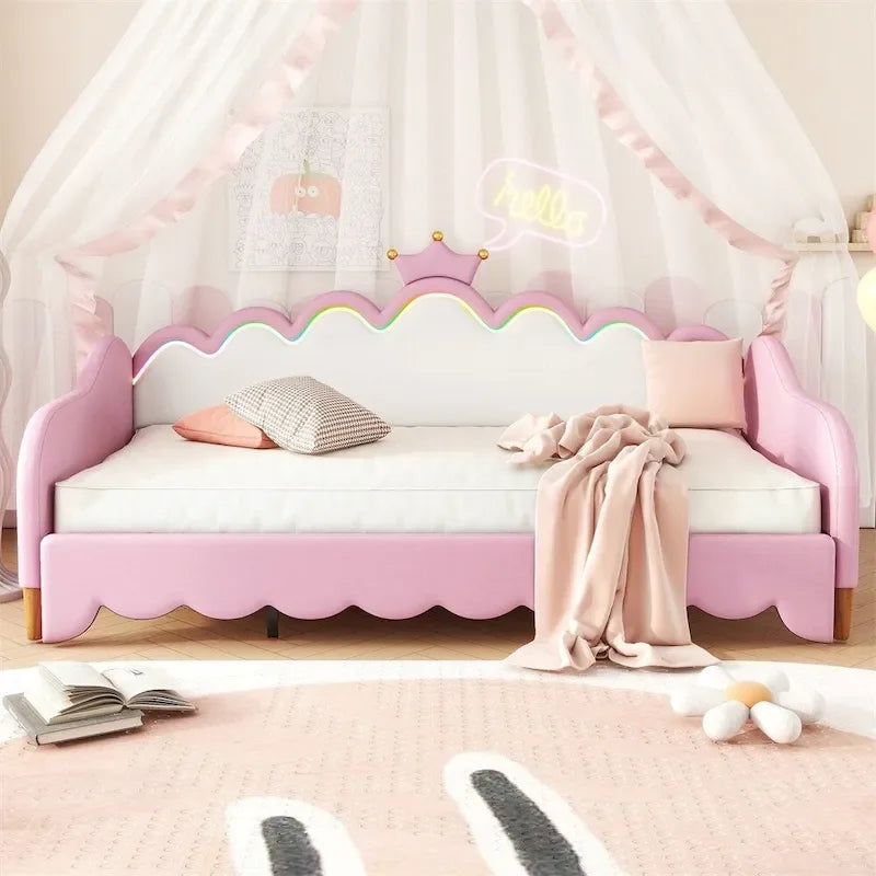 Divano letto estensibile gemello con luci a LED, divano letto principessa imbottito