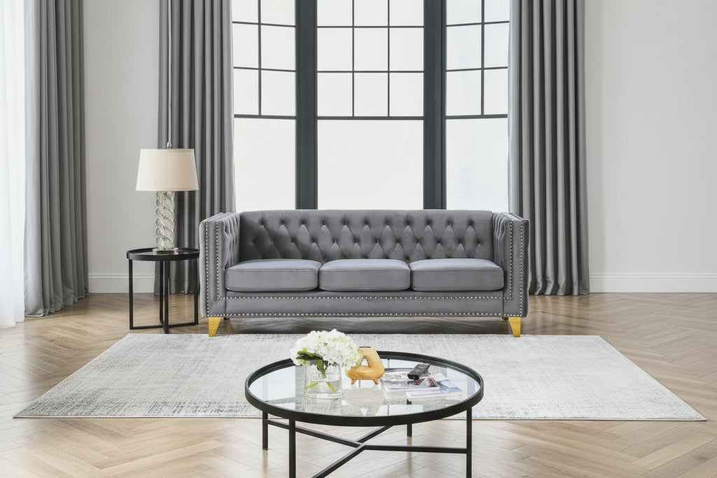 Velvet Sofa for Living Room,Buttons Tufted Square Arm Couch, Modern Couch Upholstered Button and Metal Legs