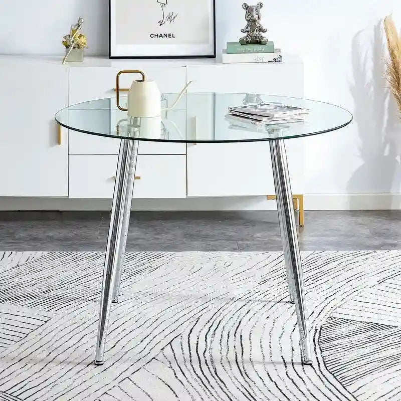 Tavolo da pranzo rotondo con piano in vetro da 40" e gambe in metallo