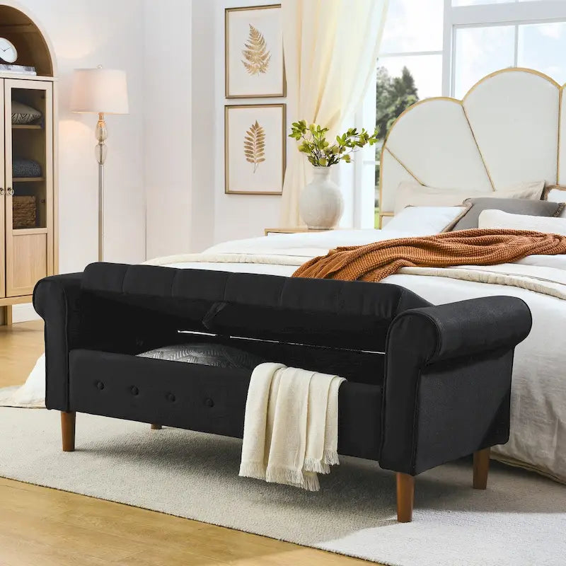 Panca contenitore imbottita con bottoni, 62 pollici, per camera da letto, pouf moderno rivestito in tessuto, panca da finestra, design con braccioli arrotolati per camera da letto