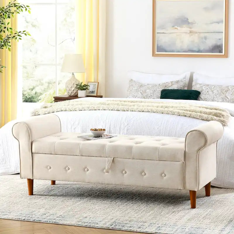 Panca contenitore imbottita con bottoni, 62 pollici, per camera da letto, pouf moderno rivestito in tessuto, panca da finestra, design con braccioli arrotolati per camera da letto