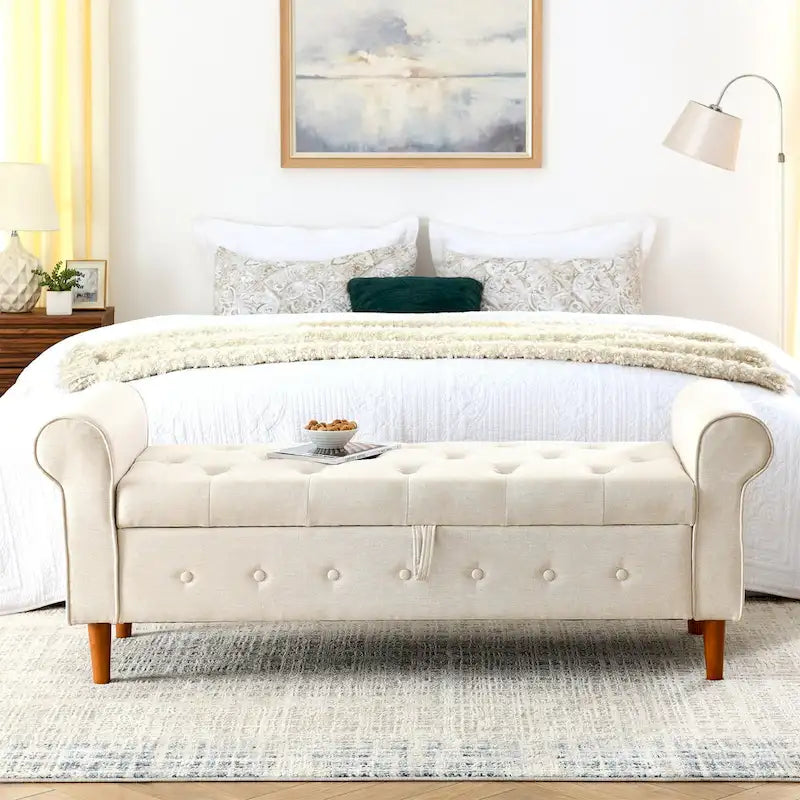 Panca contenitore imbottita con bottoni, 62 pollici, per camera da letto, pouf moderno rivestito in tessuto, panca da finestra, design con braccioli arrotolati per camera da letto