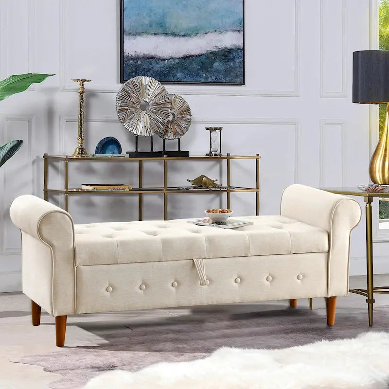 Panca contenitore imbottita con bottoni, 62 pollici, per camera da letto, pouf moderno rivestito in tessuto, panca da finestra, design con braccioli arrotolati per camera da letto