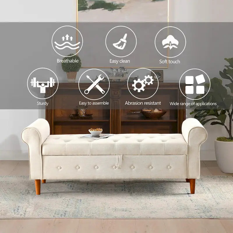 Panca contenitore imbottita con bottoni, 62 pollici, per camera da letto, pouf moderno rivestito in tessuto, panca da finestra, design con braccioli arrotolati per camera da letto