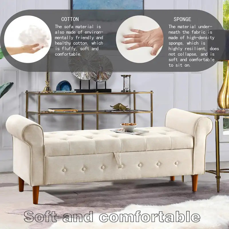 Panca contenitore imbottita con bottoni, 62 pollici, per camera da letto, pouf moderno rivestito in tessuto, panca da finestra, design con braccioli arrotolati per camera da letto