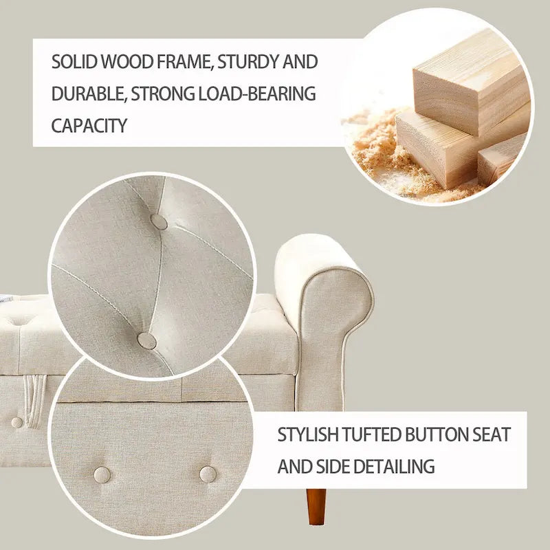 Panca contenitore imbottita con bottoni, 62 pollici, per camera da letto, pouf moderno rivestito in tessuto, panca da finestra, design con braccioli arrotolati per camera da letto