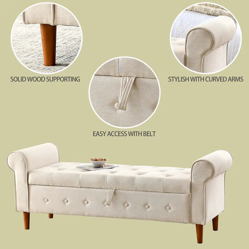 Panca contenitore imbottita con bottoni, 62 pollici, per camera da letto, pouf moderno rivestito in tessuto, panca da finestra, design con braccioli arrotolati per camera da letto