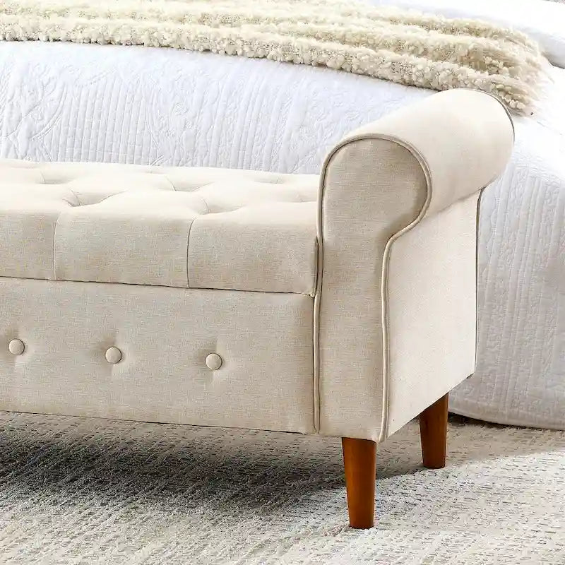 Panca contenitore imbottita con bottoni, 62 pollici, per camera da letto, pouf moderno rivestito in tessuto, panca da finestra, design con braccioli arrotolati per camera da letto