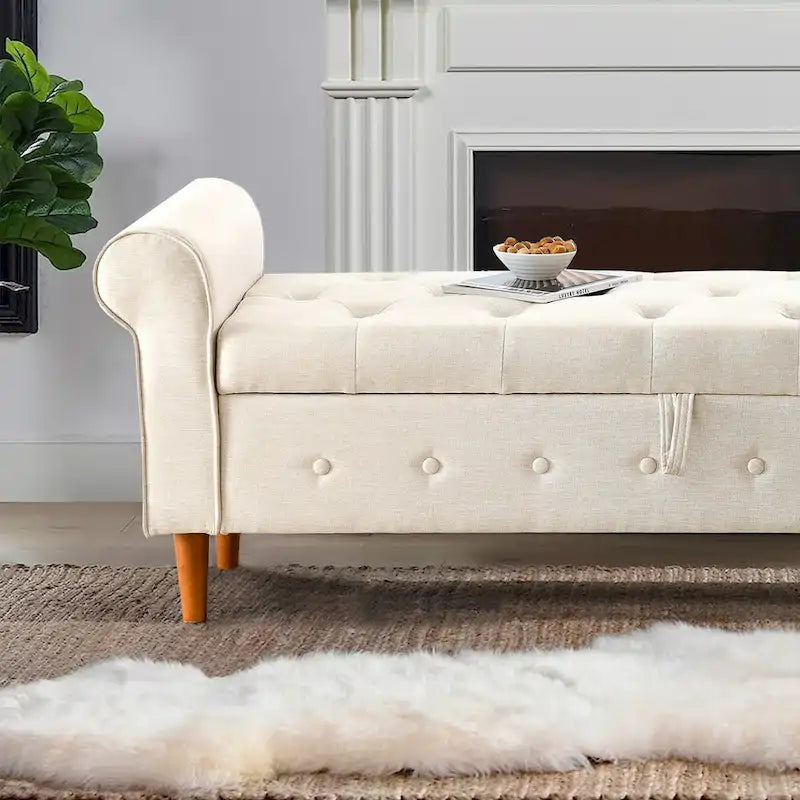 Panca contenitore imbottita con bottoni, 62 pollici, per camera da letto, pouf moderno rivestito in tessuto, panca da finestra, design con braccioli arrotolati per camera da letto