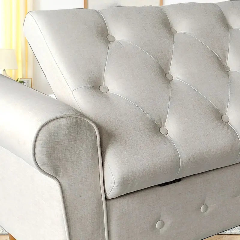 Panca contenitore imbottita con bottoni, 62 pollici, per camera da letto, pouf moderno rivestito in tessuto, panca da finestra, design con braccioli arrotolati per camera da letto