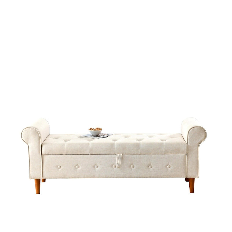 Panca contenitore imbottita con bottoni, 62 pollici, per camera da letto, pouf moderno rivestito in tessuto, panca da finestra, design con braccioli arrotolati per camera da letto