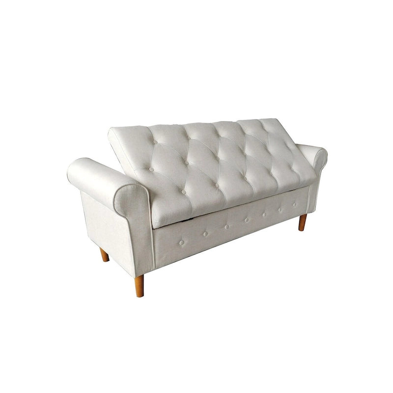 Panca contenitore imbottita con bottoni, 62 pollici, per camera da letto, pouf moderno rivestito in tessuto, panca da finestra, design con braccioli arrotolati per camera da letto