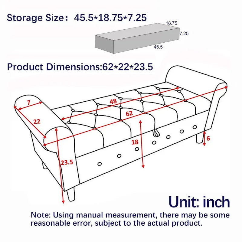 Panca contenitore imbottita con bottoni, 62 pollici, per camera da letto, pouf moderno rivestito in tessuto, panca da finestra, design con braccioli arrotolati per camera da letto