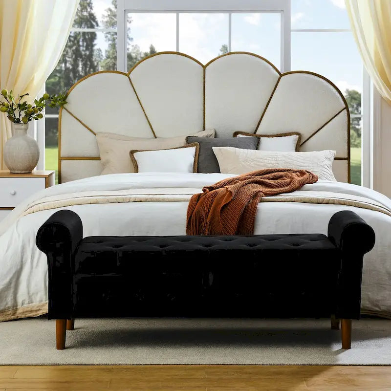 Panca contenitore imbottita con bottoni, 62 pollici, per camera da letto, pouf moderno rivestito in tessuto, panca da finestra, design con braccioli arrotolati per camera da letto
