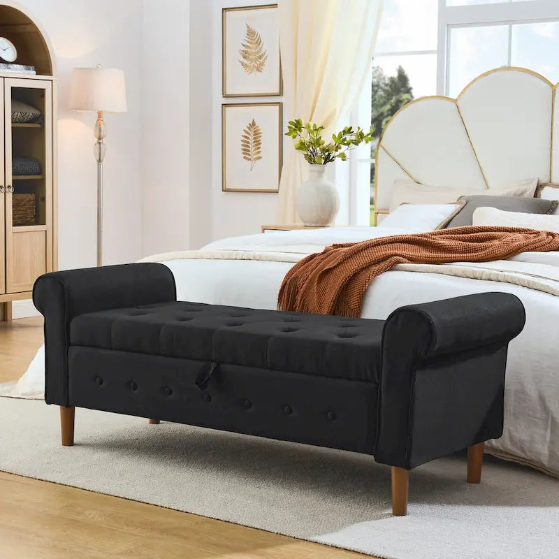 Panca contenitore imbottita con bottoni, 62 pollici, per camera da letto, pouf moderno rivestito in tessuto, panca da finestra, design con braccioli arrotolati per camera da letto