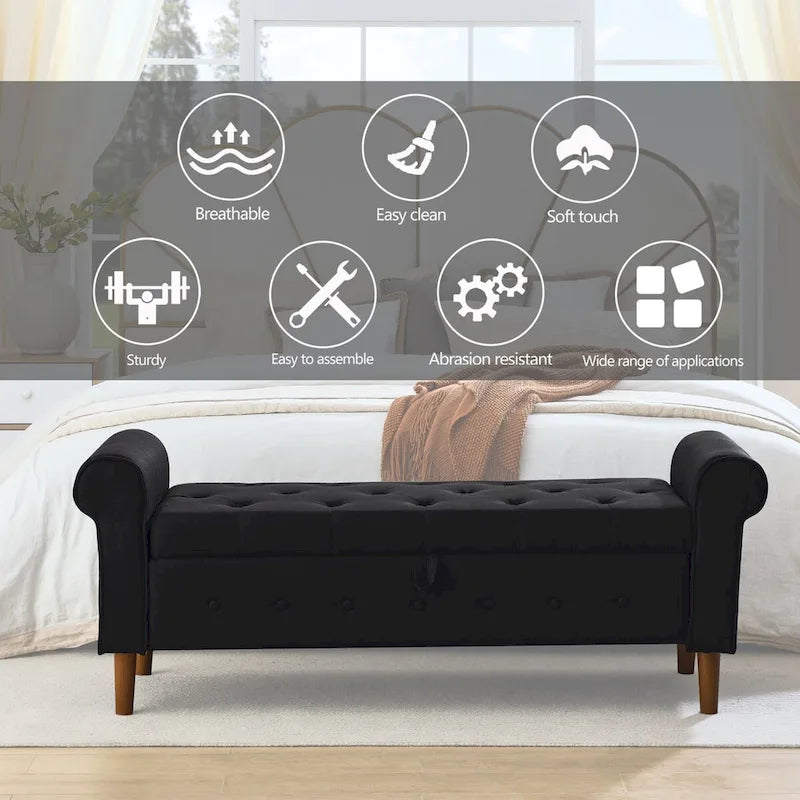 Panca contenitore imbottita con bottoni, 62 pollici, per camera da letto, pouf moderno rivestito in tessuto, panca da finestra, design con braccioli arrotolati per camera da letto
