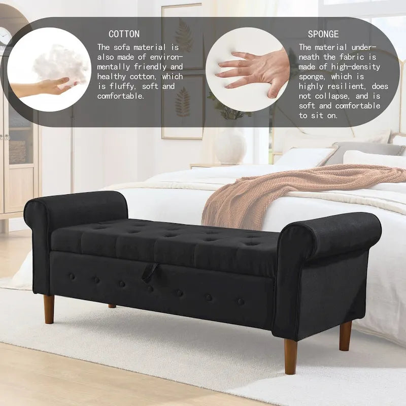 Panca contenitore imbottita con bottoni, 62 pollici, per camera da letto, pouf moderno rivestito in tessuto, panca da finestra, design con braccioli arrotolati per camera da letto