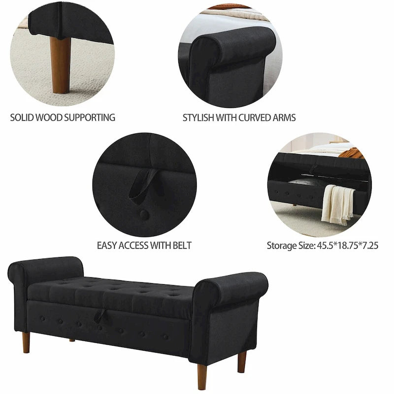 Panca contenitore imbottita con bottoni, 62 pollici, per camera da letto, pouf moderno rivestito in tessuto, panca da finestra, design con braccioli arrotolati per camera da letto