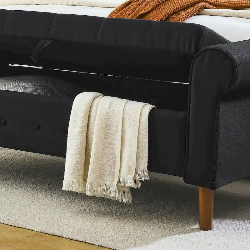 Panca contenitore imbottita con bottoni, 62 pollici, per camera da letto, pouf moderno rivestito in tessuto, panca da finestra, design con braccioli arrotolati per camera da letto