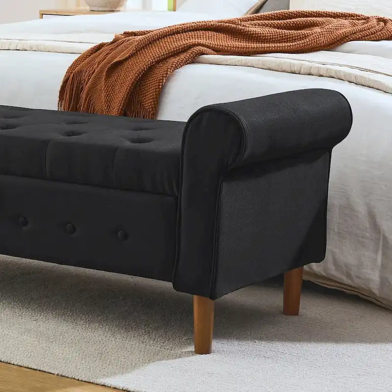Panca contenitore imbottita con bottoni, 62 pollici, per camera da letto, pouf moderno rivestito in tessuto, panca da finestra, design con braccioli arrotolati per camera da letto
