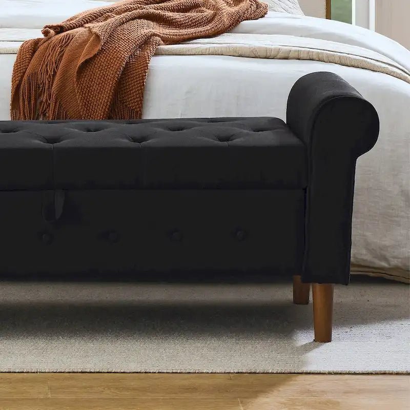 Panca contenitore imbottita con bottoni, 62 pollici, per camera da letto, pouf moderno rivestito in tessuto, panca da finestra, design con braccioli arrotolati per camera da letto