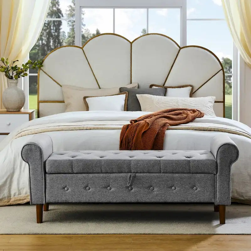 Panca contenitore imbottita con bottoni, 62 pollici, per camera da letto, pouf moderno rivestito in tessuto, panca da finestra, design con braccioli arrotolati per camera da letto