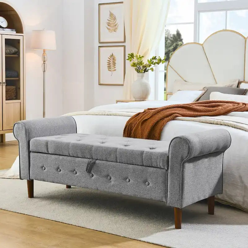 Panca contenitore imbottita con bottoni, 62 pollici, per camera da letto, pouf moderno rivestito in tessuto, panca da finestra, design con braccioli arrotolati per camera da letto