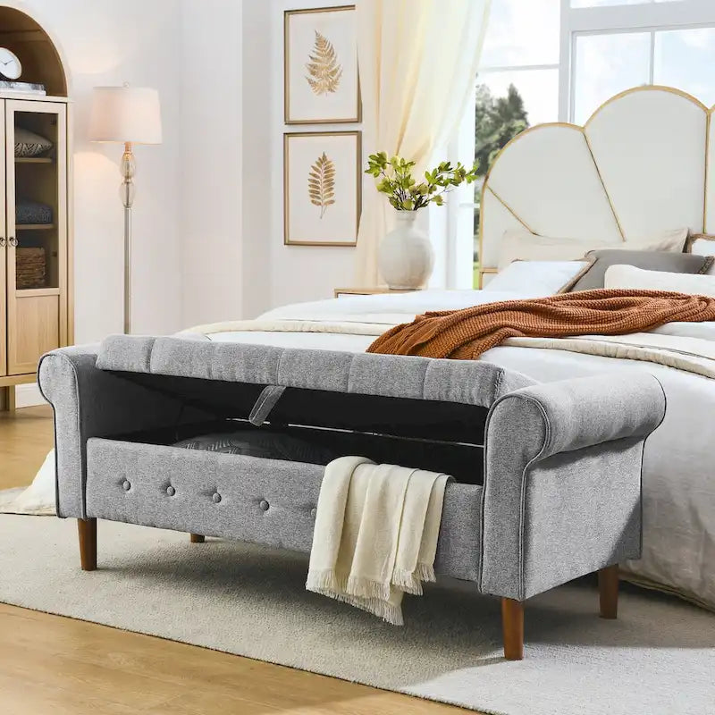Panca contenitore imbottita con bottoni, 62 pollici, per camera da letto, pouf moderno rivestito in tessuto, panca da finestra, design con braccioli arrotolati per camera da letto