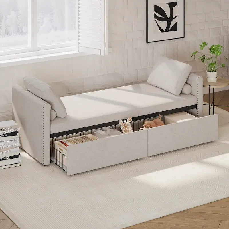 Divano Letto Moderno Imbottito Chaise Longue Letto Singolo Piccolo con 2 Cassetti