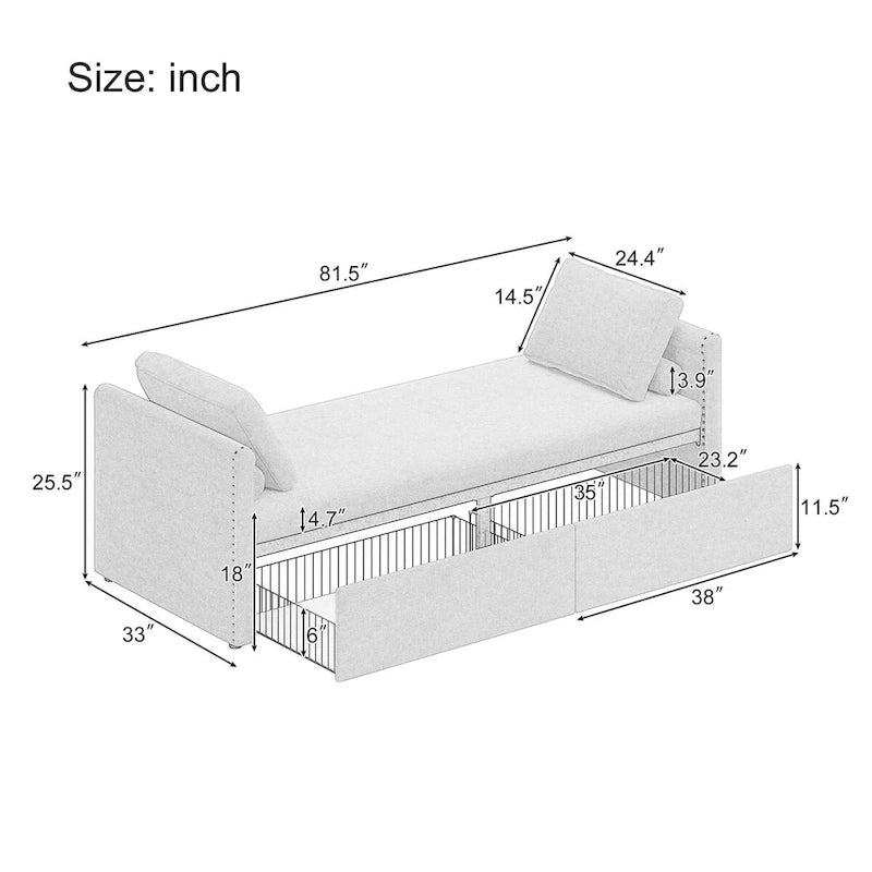 Divano Letto Moderno Imbottito Chaise Longue Letto Singolo Piccolo con 2 Cassetti