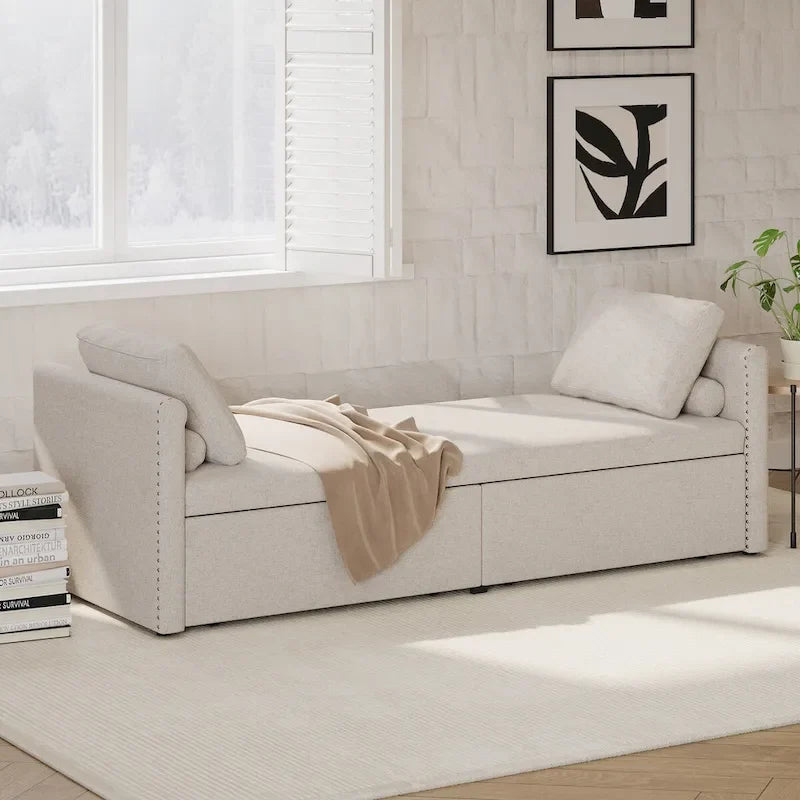 Divano Letto Moderno Imbottito Chaise Longue Letto Singolo Piccolo con 2 Cassetti