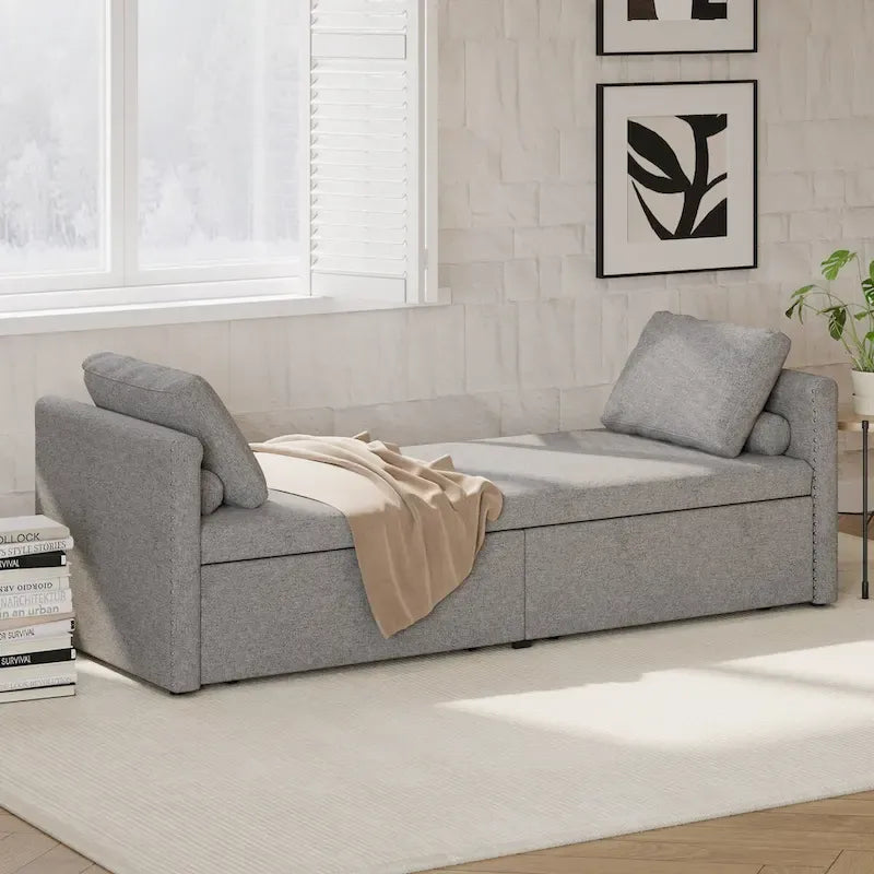 Divano Letto Moderno Imbottito Chaise Longue Letto Singolo Piccolo con 2 Cassetti
